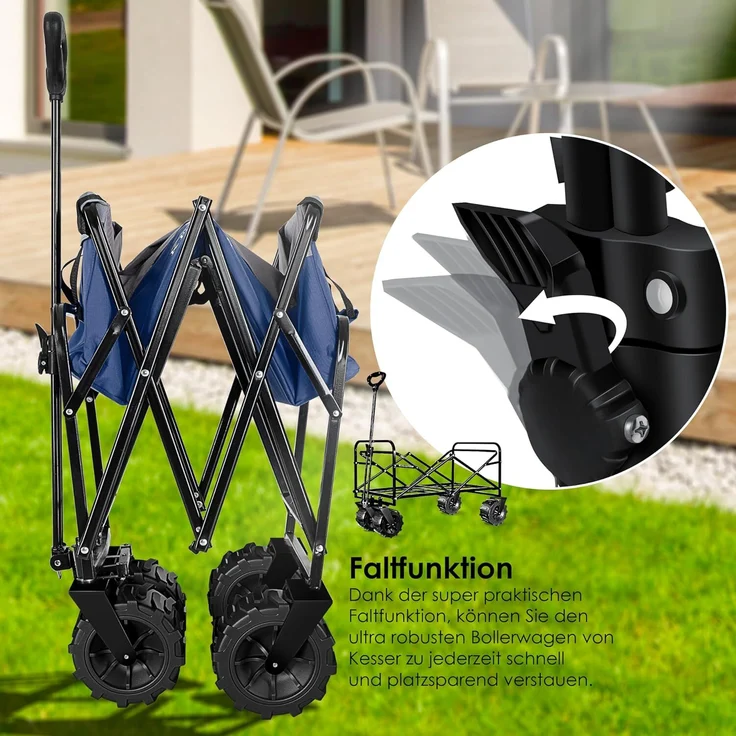 KESSER® Bollerwagen faltbar mit Breite Reifen Handwagen Transportkarre Gerätewagen | inkl. 2 Netztaschen | klappbar | Kunststoff-Reifen | bis 150 kg Tragkraft transportwagen Gartenanhänger Blau/Grau – Bild 8
