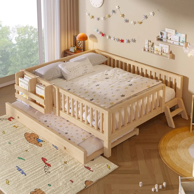 ZUBALIYA Holzbett 140 x 200 cm – Ausziehbett, flexible Montage, Geländer, MDF, Kiefer, Holzfarbe – Bild 1