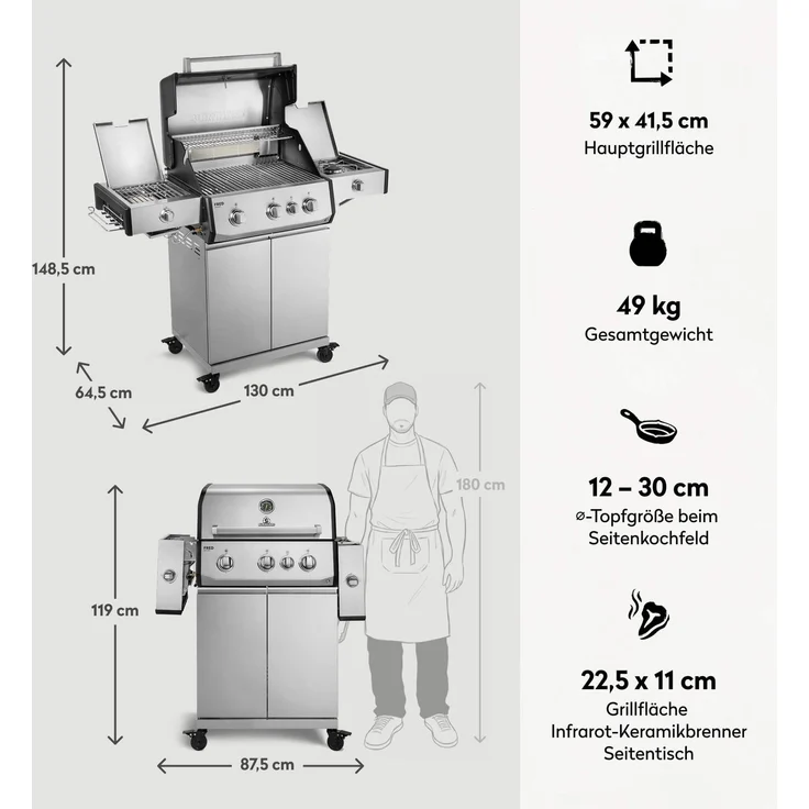 BURNHARD® Gasgrill 3-Brenner, 900°C Infrarot-Keramikbrenner, Longlife Premium-Gussbrenner, Seitenkochfeld, Edelstahl, Piezo-Zündung, Edelstahlrost – FRED Deluxe+ - Silber - #947133 – Bild 3