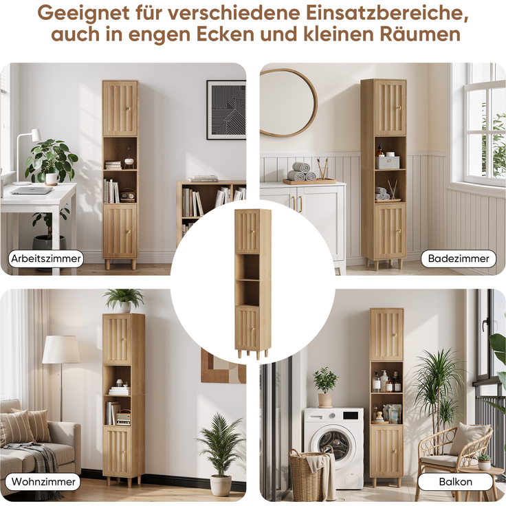 Badezimmer-Hochschrank 32 x 30 x 169 cm in Eichenoptik mit offenen Regalen und Doppeltür – Bild 4