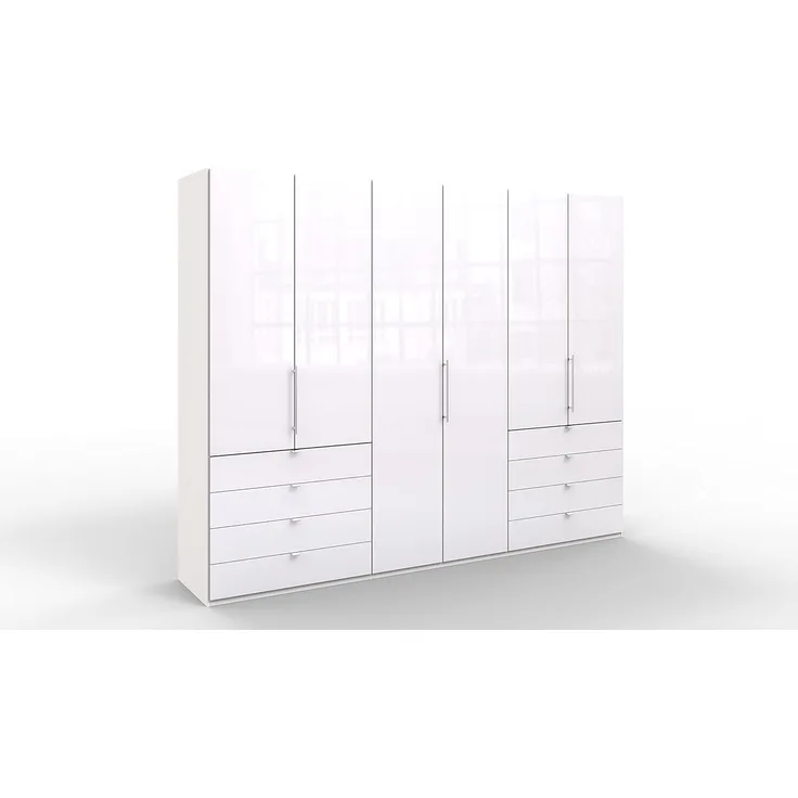 WIEMANN Loft Kleiderschrank, Schlafzimmerschrank, Gleittürenschrank, Drehtürenschrank, mit Schubladen, Glas, weiß, B/H/T 300 x 236 x 58 cm