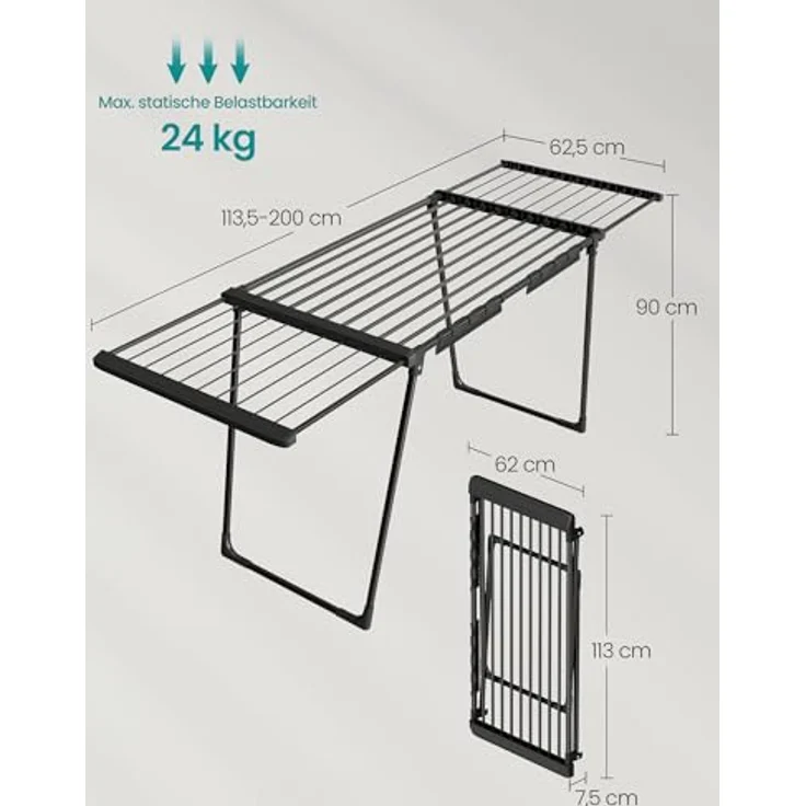 SONGMICS Wäscheständer, Standtrockner, ausziehbare Flügel, Flügelwäscheständer, 22 m Trockenfläche, Flügelwäschetrockner mit Sockenhalter, klappbar, tintenschwarz LLR522BH01 – Bild 7