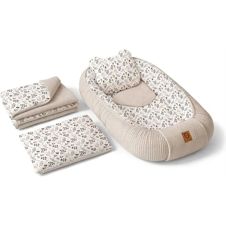 Babynest Nestchen Baby Set für Neugeborene – 5-teilig – Kuschelnest aus 100% Baumwolle & Waffelpique – Babykokon tragbar – für Babybett, Kinderbett & Kinderwagen – OEKO-TEX - Zweige und Sand – Bild 1