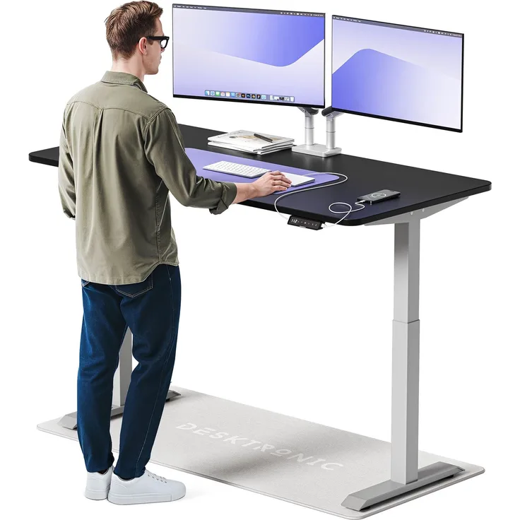 Desktronic HomeOne Elektrisch höhenverstellbarer Schreibtisch 160x80cm Grau/Schwarz mit Memory-Funktion, Anti-Kollisions Technologie, USB-A und USB-C-Ladeanschlüssen