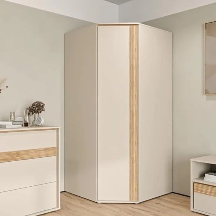 Forte WEXLIN Eckkleiderschrank 90 95, moderner Kleiderschrank mit Schranktür, Kinder- und Jugendzimmer, Kaschmir|Beige|Mauvella Eiche Holzdekor, 92,2 cm breit x 193,7 cm hoch x 92,2 cm tief – Bild 1