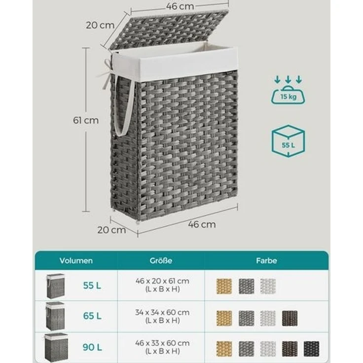 Songmics Wäschekorb mit Deckel und Griffen, faltbar, herausnehmbarer Innensack, Polyrattan taubengrau, 55 Liter – Bild 5