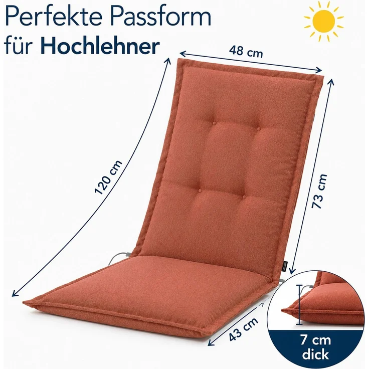 BURI 4x Auflagen Set Hochlehner für Gartenstühle 120x48x7cm Sesselauflagen Polster UV Lichtecht - Gartenstuhlauflagen Stuhlkissen mit Dicker Schaumstoff Füllung (Terrakotta) – Bild 2
