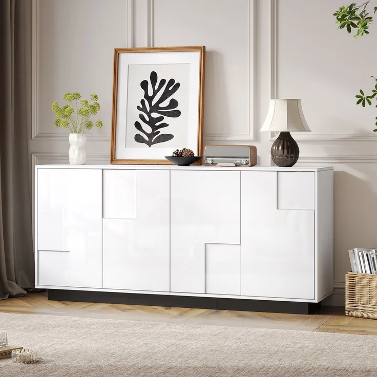 DESVIAE Sideboard mit 4 Türen und Push-to-Open 160x75,5x37 cm Spanplatte Weiß/Schwarz