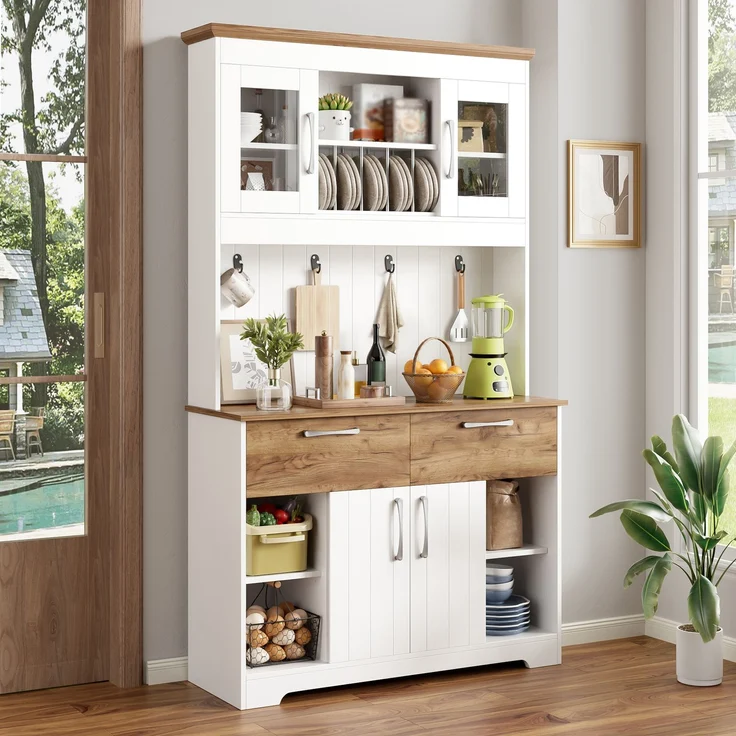 Merax 176.5cm Küchenbuffet Schrank mit Stauraum, Küchenschrank mit Vitrinenfächern, 2 Schubladen, Türen und Hakenleiste – Buffetschrank, Weiß + Holzfarbe – Bild 3