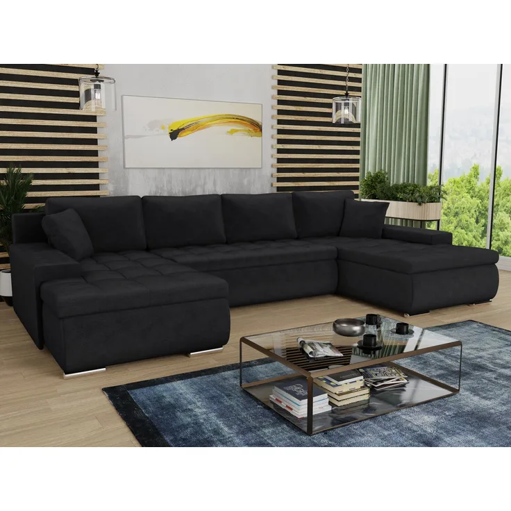 Wohnlandschaft mit Schlaffunktion Faris U-Form - Couch, Schlafsofa mit Bettkasten, Couchgranitur mit Bettfunktion, Big Sofa, Bettsofa (Schwarz (Kronos 07))