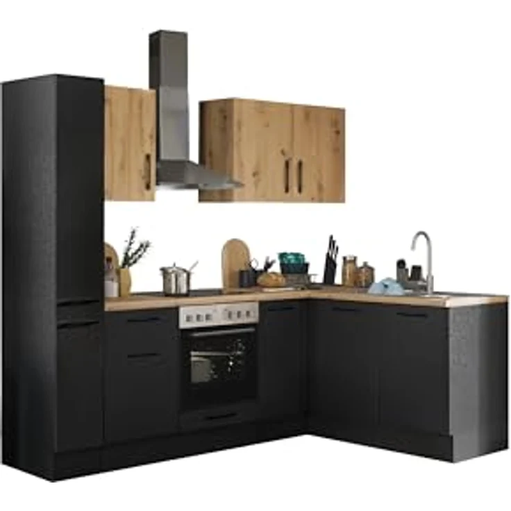 Turin L Eckküche 240 x 211 x 60 cm, schwarz - Basic Küchengeräte - Moderne, geräumige Küche in Artisan-Eiche Optik mit viel Stauraum – Bild 2