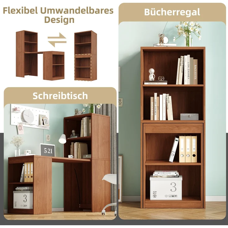 Flieks Klapptisch 130 x 51 x 137 cm, 2-in-1 Schreibtisch und Bücherregal mit 4 Fächern und Rollen, Nussbaumoptik – Bild 6