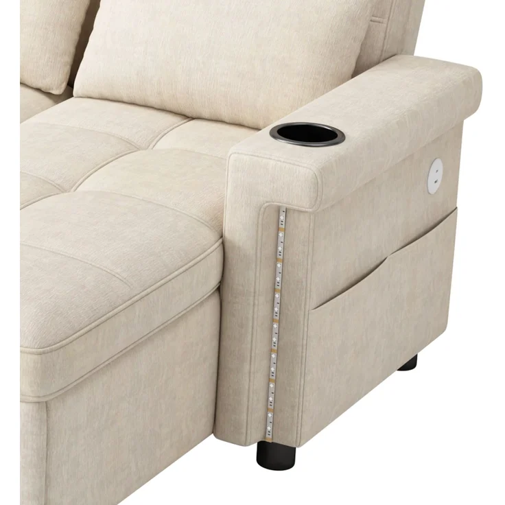 U-förmiges Ecksofa, Chenille mit Schlaffunktion und Stauraum, 268,5 x 141,5 x 90 cm, Beige – Bild 8