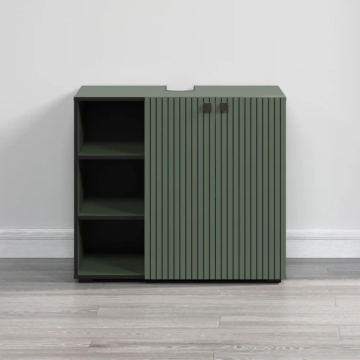 trendteam smart living - PureBliss - Waschbeckenunterschrank - Grün - Rillenoptik - 3 offene Fächer + 1 Einlegeboden - (BxHxT) 90 x 79 x 53 cm - edle Metallgriffe – Bild 4