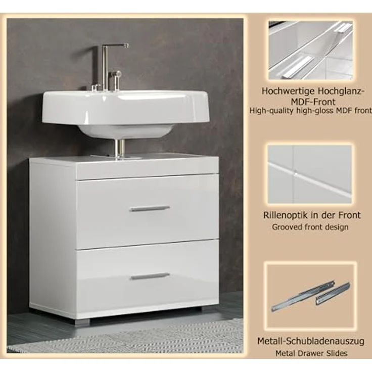 trendteam smart living – Amanda – Waschbeckenunterschrank – Weiß/Weiß Hochglanz – 2 Schubladen mit Vollauszug - (BxHxT) 60 x 56 x 34 cm - Kratzfest & pflegeleicht – Bild 7