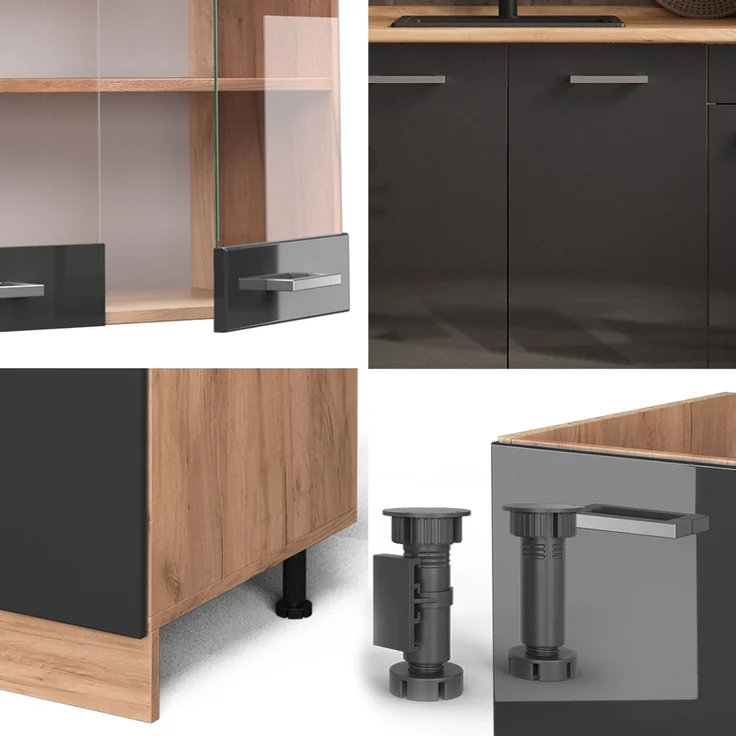 Singleküche R-Line Anthrazit Hochglanz/Goldkraft Eiche 140 cm , AP Marmor Vicco – Bild 5