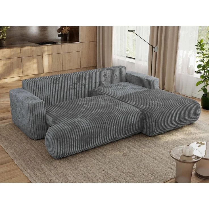 Ecksofa OVO mit schlaffunktion und bettkasten, Wellenfeder, lose Kissen, L-form 271x195 cm - Dunkelgrau Cord - rechte Seite – Bild 4
