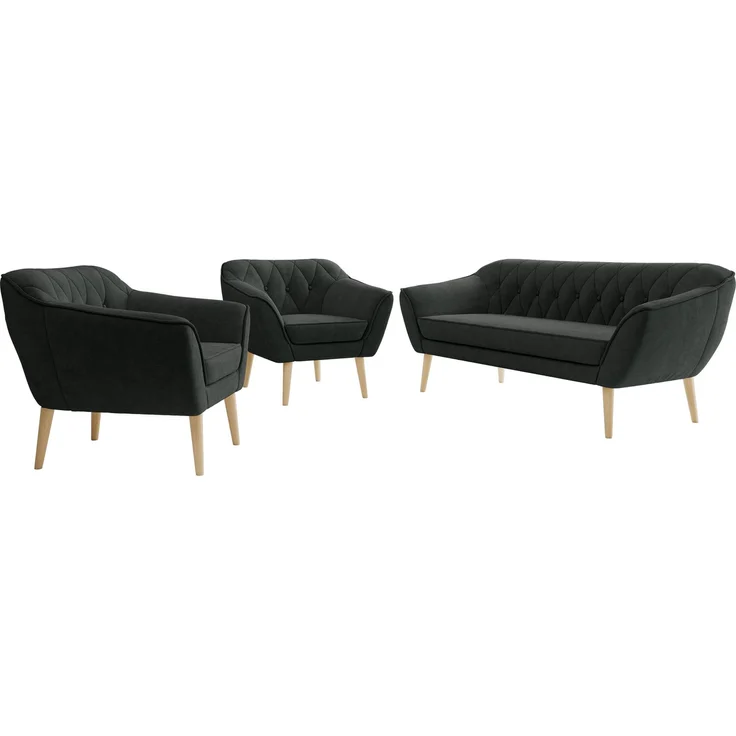 Wohnzimmerset PIRS 1-1-3, Skandinavisches 3-Sitzer Sofa mit Sesseln, Sofa mit Wellenfederung, Buche Füße, Skandinavisches Möbelset - Dunkelgrau Stukture – Bild 7