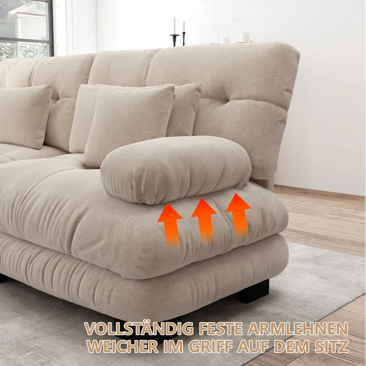 DESVIAE Sofa modular aus Chenille Hellbraun mit Tiefensitz und Dekokissen, 406 x 77 x 81 cm – Bild 4