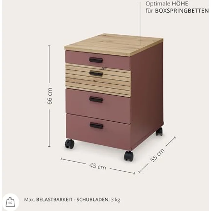 Stella Trading Glenn Rollcontainer Schreibtisch in Rusty Red, Artisan Eiche Optik - Mobiler Büroschrank mit Schubladen - 45 x 66 x 55 cm (B/H/T) – Bild 8