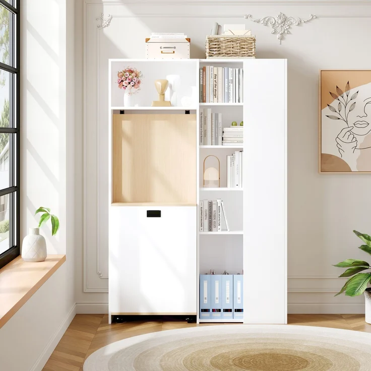 Klappbarer Schreibtisch mit Ablagen –2-in-1-Bücherregal und Schreibtisch, klappbar, mit Steckdose und USB-Anschluss, höhenverstellbare Ablagen, Kippschutz, weiß-Schreibtisch,Eck-Schreibtisch-rechts – Bild 4