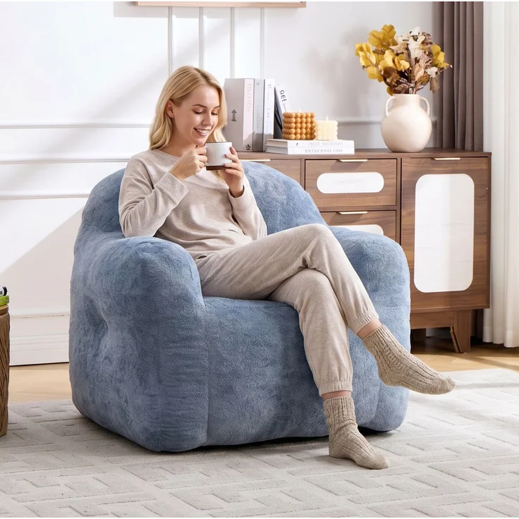 Sitzsack-Sessel aus Kunstfell mit ergonomischer Rückenlehne, 95×95×79 cm, Blau – Bild 6