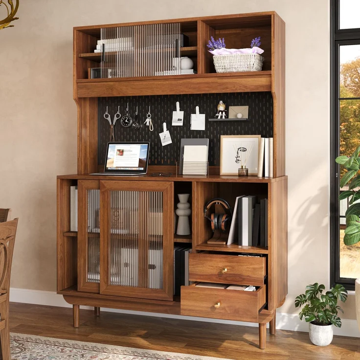 ZUBALIYA Lochplatten-Rückwand / Küchenschrank aus MDF und Spanplatte mit Kiefernholz Füßin, mit küchenbuffet mit Riffelglas-Schiebetüren und schubladen und offenen Fächern, 117.00 x 30.00 x 170.00 cm – Bild 14