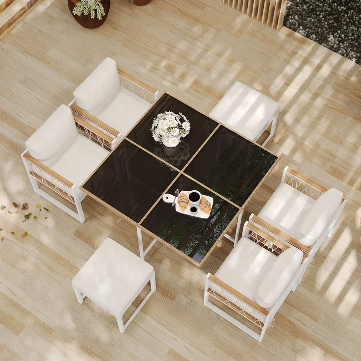 LVHOM 7-tlg. Garten-Essgruppe, Gartenmöbel Set mit Kissen, Gartenlounge-Set Akazie, Sitzgruppe Polyrattan, Loungeset Balkonset für 6 Personen – Bild 6