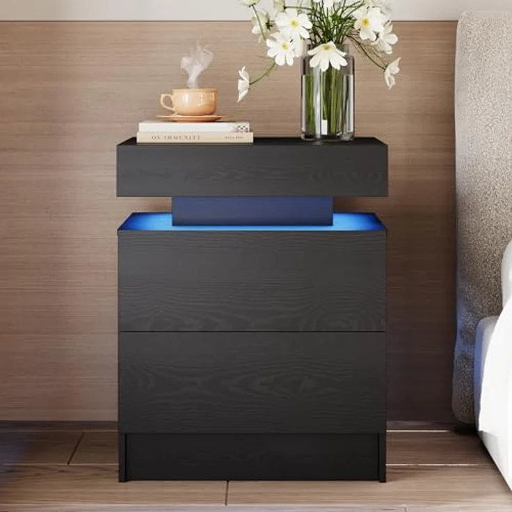 IRONCK Nachttisch Schwarz mit LED-Licht & Ladefunktion, Beistelltisch mit USB+Typ-C Anschlussen, Nachtschrank mit 2 Schubladen, Sofatisch für Schlafzimmer, Wohnzimmer, 35 x 48 x 60 cm – Bild 3