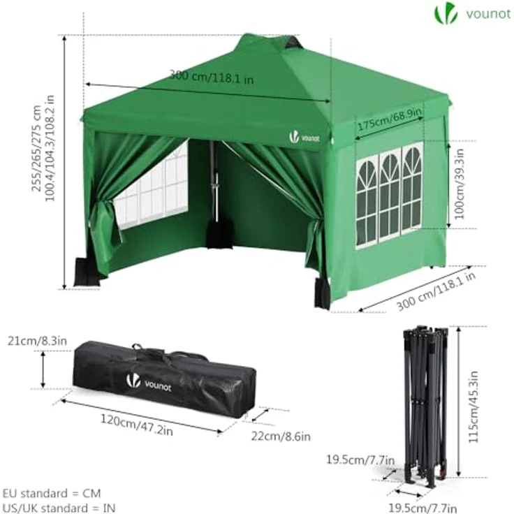 VOUNOT Pavillon 3x3 m Wasserdicht Stabil Winterfest, Pop Up Faltpavillon mit 4 Seitenteilen und 5 Sandsäcke, Faltbar Partyzelt Gartenzelt Gartenpavillon inkl. Tasche, Grün – Bild 7