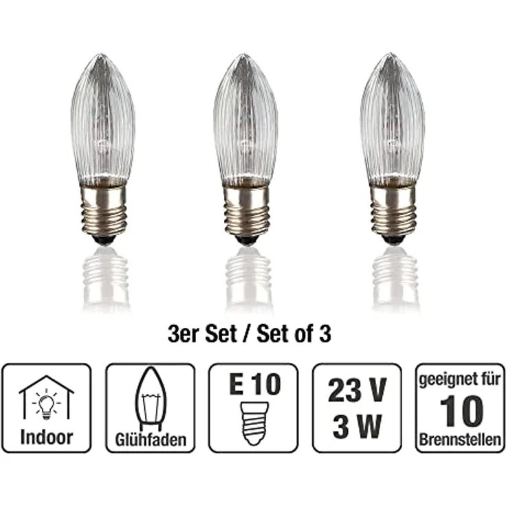 hellum Ersatzkerzen Glühfaden 23V 3W E10 Riffelkerzen, 3 Stück passend für Lichterketten & Schwibbogen, 22 Lumen, für innen 918137 – Bild 2