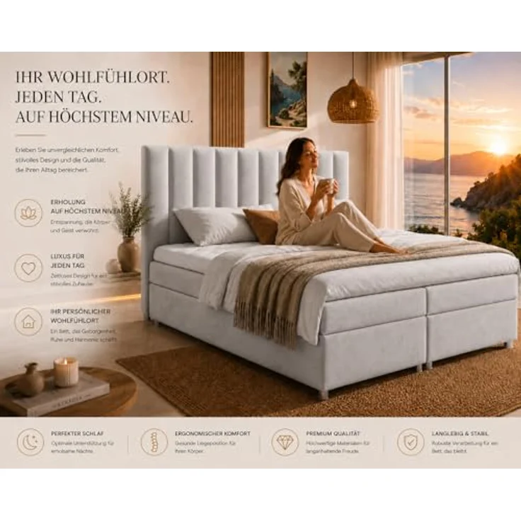 Best For Home Boxbett Trinity K-10, Silber, Boxspringbett 180x200 cm mit Bettkasten, Höhe ca. 18 cm – Bild 6