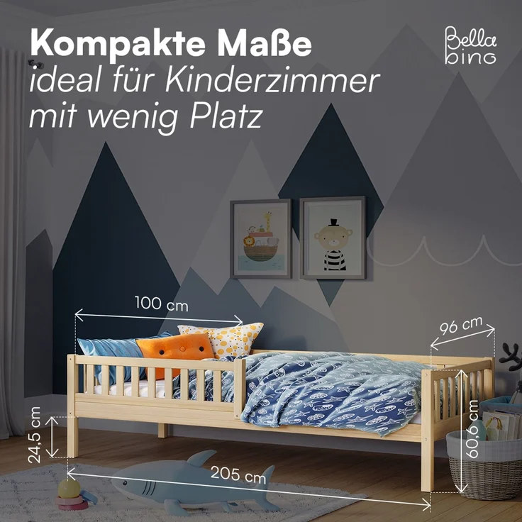 Bellabino 'Vils' Kinderbett 90x200 cm, natur, Kiefer Massivholz, Montessori Bett mit Lattenrost und mit abnehmbarem Rausfallschutz – Bild 7