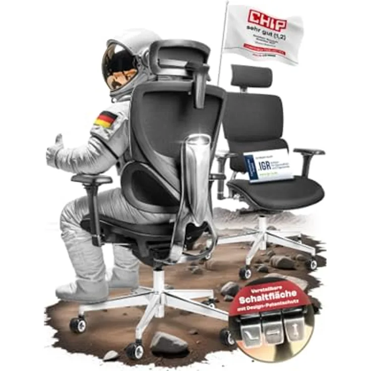 Clouvou MasterSeat Drehstuhl, Schwarz, Textil, ergonomisch, IGR-zertifiziert, höhenverstellbar mit 4D-Armlehnen und Phantom Wheels