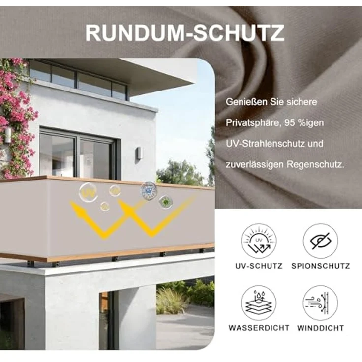 HENG FENG Balkon Sichtschutz 100x600 cm,160g/㎡ PES UV-Schutz Balkonverkleidung, Balkonabdeckung Wetterfest, mit Kabelbindern, Taupe – Bild 3