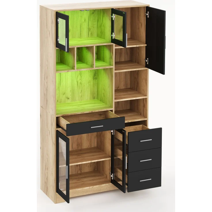 Buffetschrank 100 x 40 x 185 cm, Küchenschrank aus MDF mit LED-Beleuchtung, Steckdose und Glastüren – Bild 3