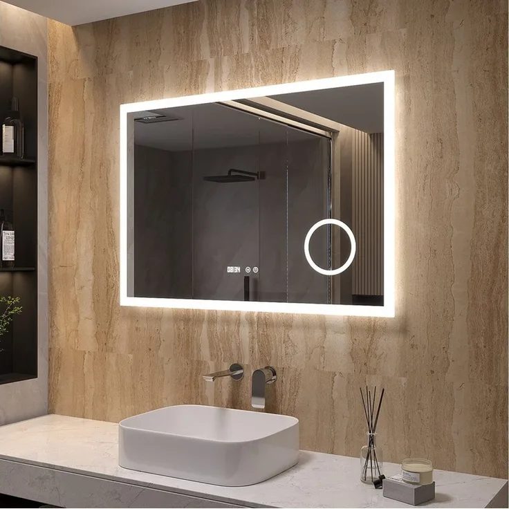 AQUABATOS LED-Lichtspiegel Badezimmer Spiegel Badspiegel Wandspiegel mit Beleuchtung Licht Led (mit/ohne Uhr), (3 Lichtfarben/Kaltweiß), (mit/ohne Bluetooth), mit/ohne Schminkspiegel), 100x70cm beschlagfrei
