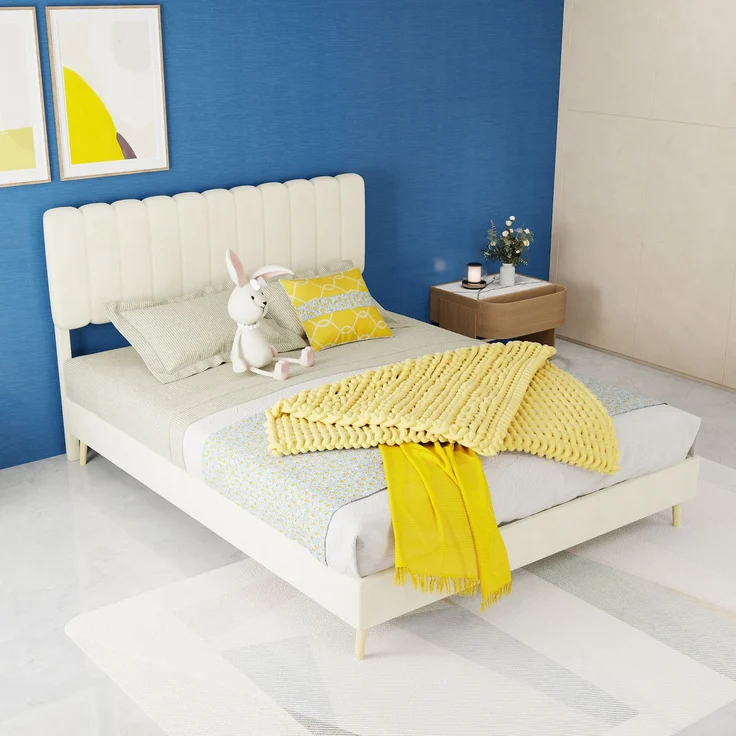 Novelux Modernes Polsterbett 140x200 cm mit weichem Kopfteil – Stabiler Holzbettrahmen aus holländischem Samt Beige, Plattformbett ohne Matratze – Bild 9