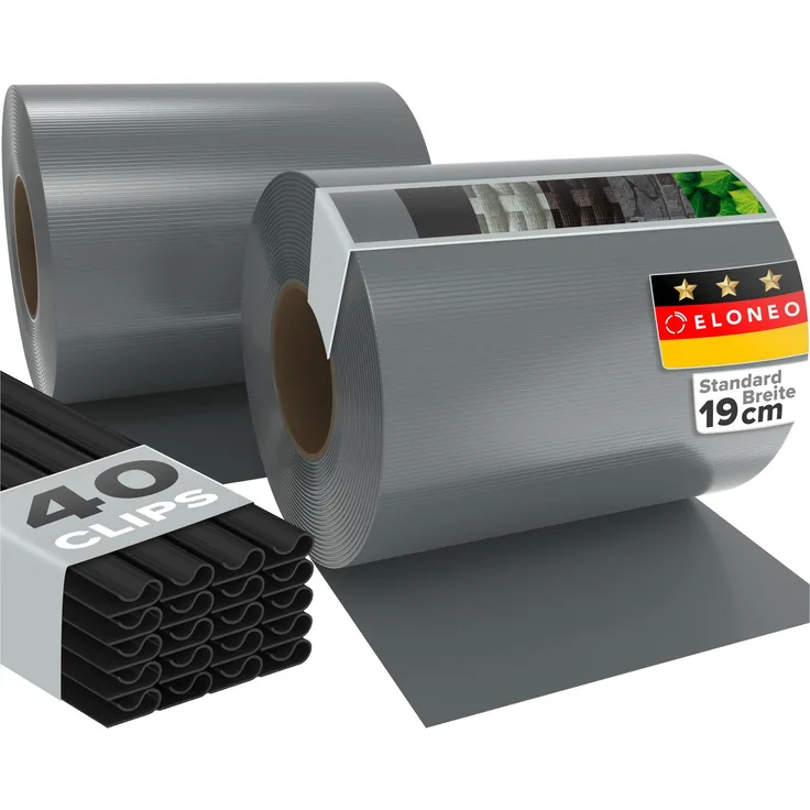 ELONEO PVC Sichtschutzstreifen für Doppelstabmattenzaun, 35m x 19cm je Rolle, 2er-Set Hellgrau