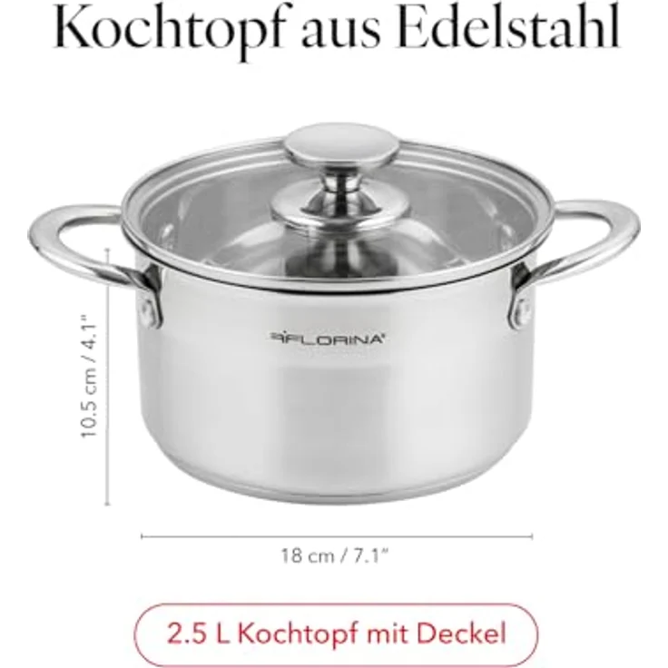 FLORINA Edelstahl Topf 2,5 l 18 cm Durchmesser I Kochtopf FALCON I Topf mit Glasdeckel und Messskala I 3-lagiger Boden gleichmäßige Wärmeverteilung I Ideal für alle Herdarten – Bild 4