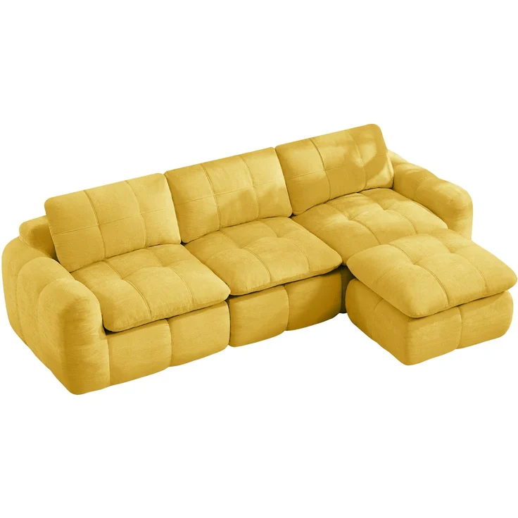 EINHOM 3‑sitziges L‑förmiges rahmenloses Modulsofa, hautfreundlicher weicher Chenille‑Bezug, 32D‑Hochdichtschaum‑Füllung, montagefrei mit 1 Ottoman für Wohnzimmer & Apartments, Gelb – Bild 7