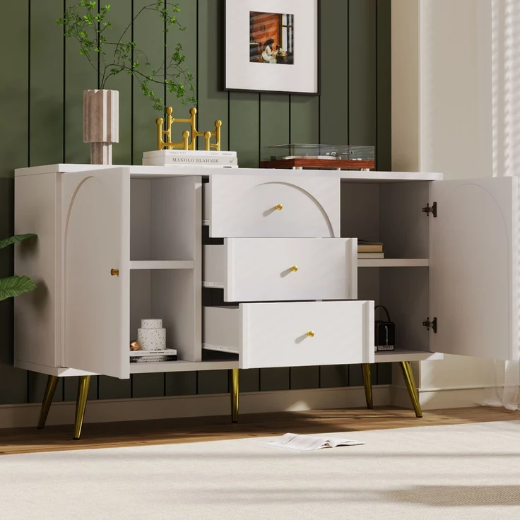 Kommode 140 cm mit gewölbten Schubladen, Sideboard mit höhenverstellbarem Fachboden, Drehtüren, Metallfüßen, Stauraum – Bild 2