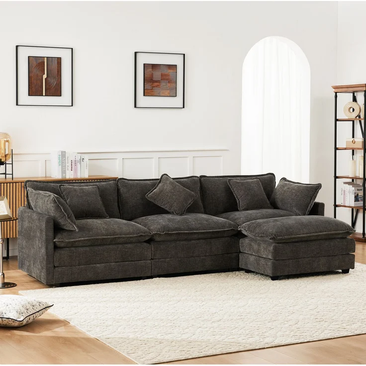 DESVIAE Sofa, 3-Sitzer mit beweglichem Fußhocker, 283x84x147 cm, Chenille, Dunkelgrau – Bild 3