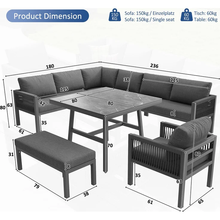 Merax Garten-Lounge-Set, Gartensofa-Garnitur in L-Form für bis zu 8 Personen / Robustes Eisengestell mit grauen Polstern / Komplett mit Tisch (Holzoptik Glas) & 1 Sessel, grau – Bild 4
