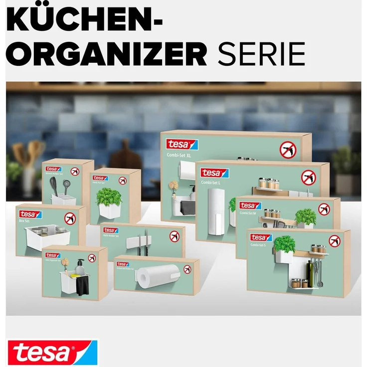 tesa Hakenleiste tesa Küchen-Organizer Kombi-Set M - selbstklebende Küchenleiste, (Komplett-Set, 6 St, inkl. Kräutertopf, 2 Ablagen, Utensilienhalter, Hakenleiste (3 Haken), Flexible Organisationsleiste für die Küche, Montage ohne Bohren – Bild 7