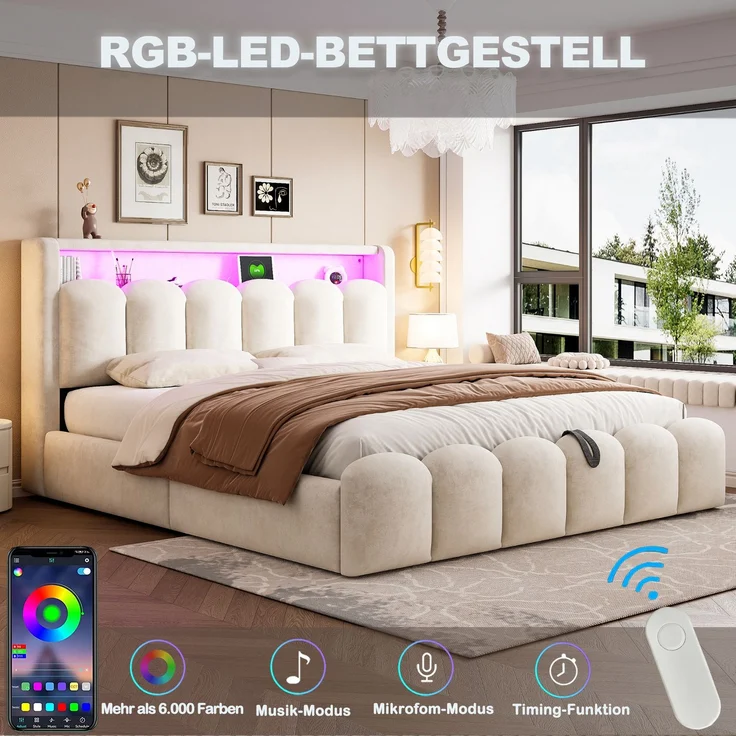 Polsterbett 180*200, Ausgestattet mit hydraulischer Staufunktionund Stauraum im Kopfteil, Doppelbett, Samtstoff,mit USB- und Typ-C-Anschlüssen, mit LED, weichem Samtstoff und Blütenblattdesign,Beige ( – Bild 4