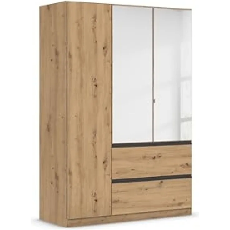 Rauch Möbel Costa, Kleiderschrank für Schlafzimmer, Kinderzimmer, Babyzimmer, Garderobe, 3-türig, Spiegel, 2 Schubladen, Push-to-Open, Zubehör Premium, Farbe Eiche Artisan, Holz, Breite 136 cm