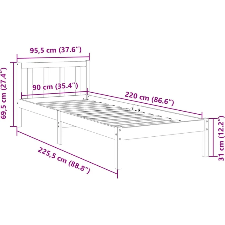 vidaXL Massivholzbett Extra Lang ohne Matratze Weiß 90x220 Kiefernholz 852445 – Bild 9