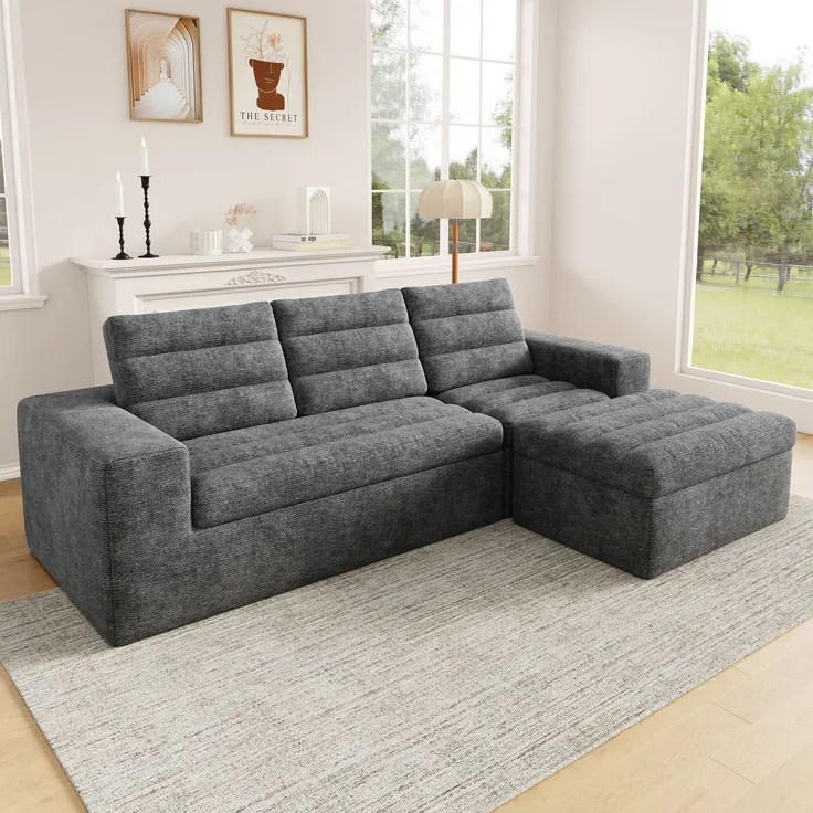 Ecksofa 253 x 161 x 89 cm in Hellgrau, modulares Chenille-Sofa mit Hocker, rahmenloser Schaumstoffpolsterung