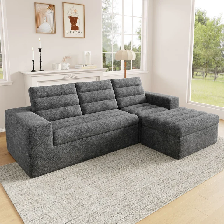 Ecksofa 253 x 161 x 89 cm in Hellgrau, modulares Chenille-Sofa mit Hocker, rahmenloser Schaumstoffpolsterung – Bild 1